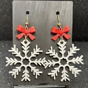 Snowflake Christmas Earrings with Red Bows